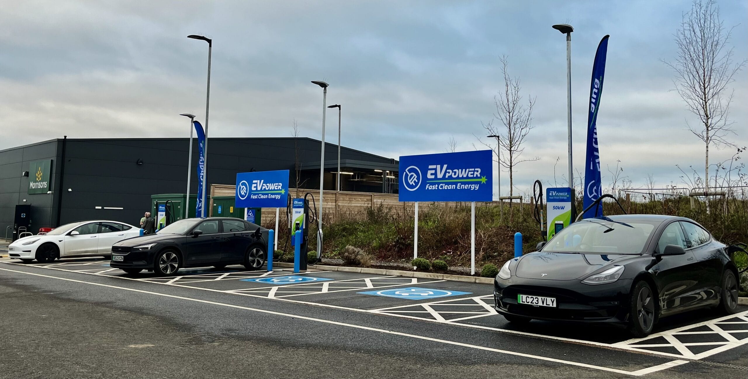 Completed EV charging project at Morrisons Cranbrook - installed by Countrywide Construction Management (CCM Ltd)